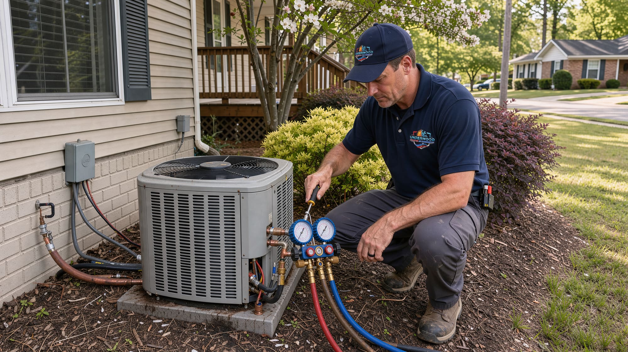 Underwood Heating and Air Conditioning EPA-certified technician servicing an air conditioner in Phenix City Alabama