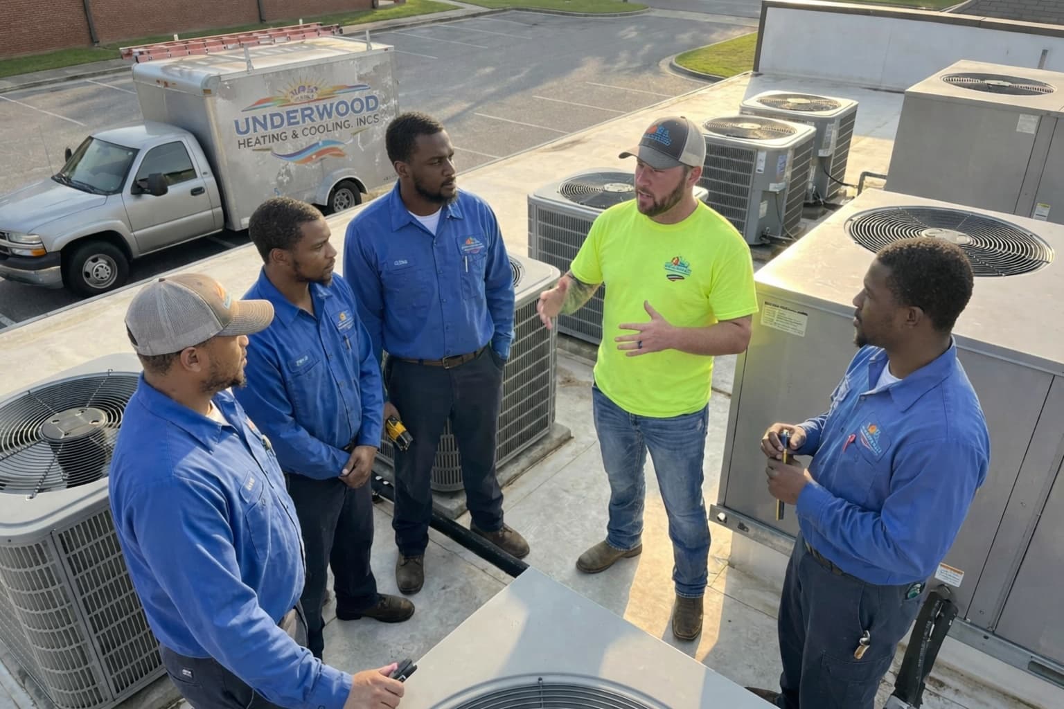 Underwood Heating and Air Conditioning technician performing commercial HVAC maintenance in Phenix City Alabama