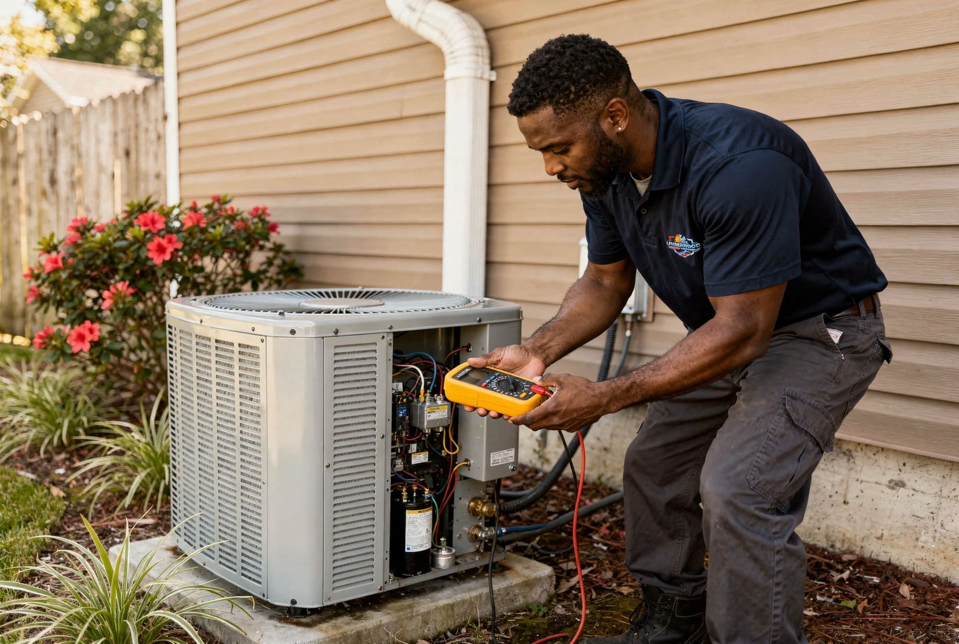 Underwood technician testing an outdoor AC unit