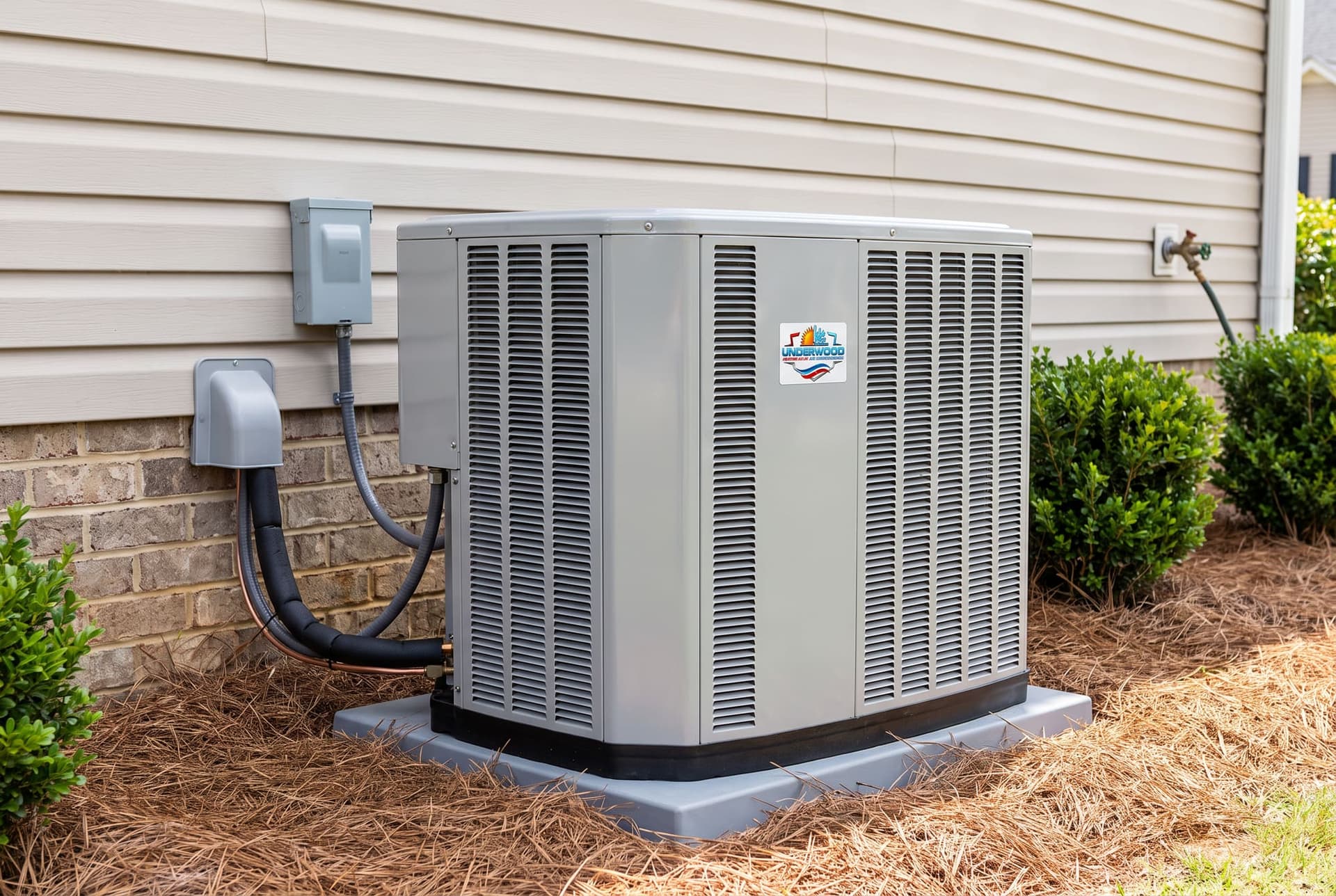 New outdoor AC unit with an Underwood service sticker